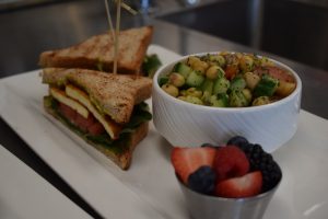 Tofu sandwich and lentil salad
